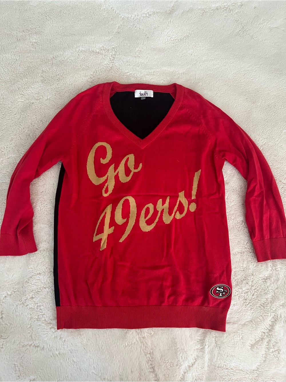 Touch by Alyssa Milano Red V-Neck Sweater with Gold 'Go 49ers!' Script